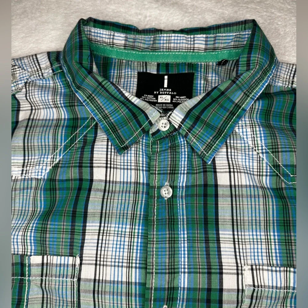 🦬 I Jeans by Buffalo Green Plaid short sleeve button down XL